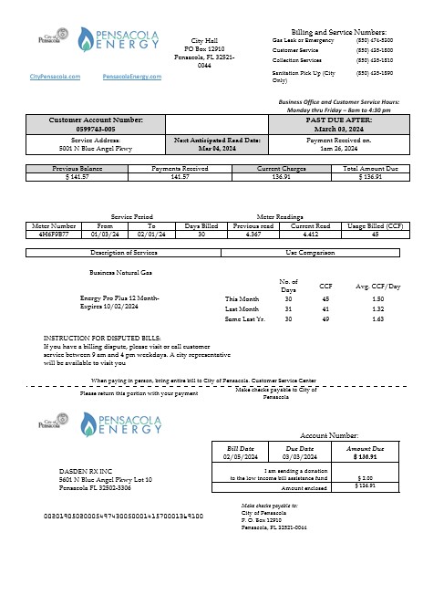 USA Florida Pensacola Energy business utility bill template in Word and PDF formats
